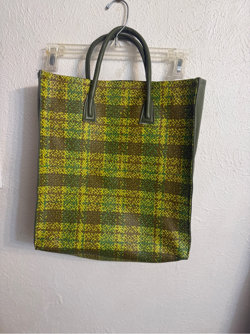 Green Plaid Tote Bag with Olive Handles